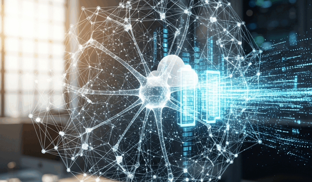 AI foundation model concept with neural network visualization and cloud infrastructure