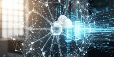 AI foundation model concept with neural network visualization and cloud infrastructure