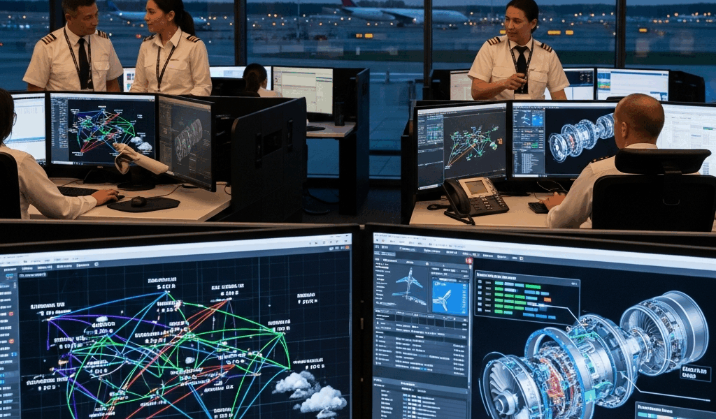 AI-powered airline operations showing predictive maintenance and route optimization
