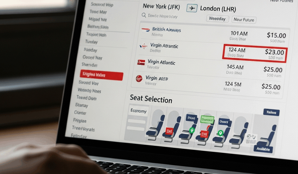 airline booking interface showing flight search results and seat selection