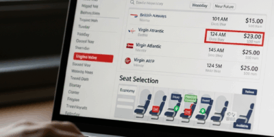 airline booking interface showing flight search results and seat selection