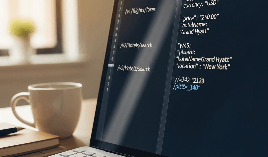API integration code showing Sabre travel API endpoints and responses