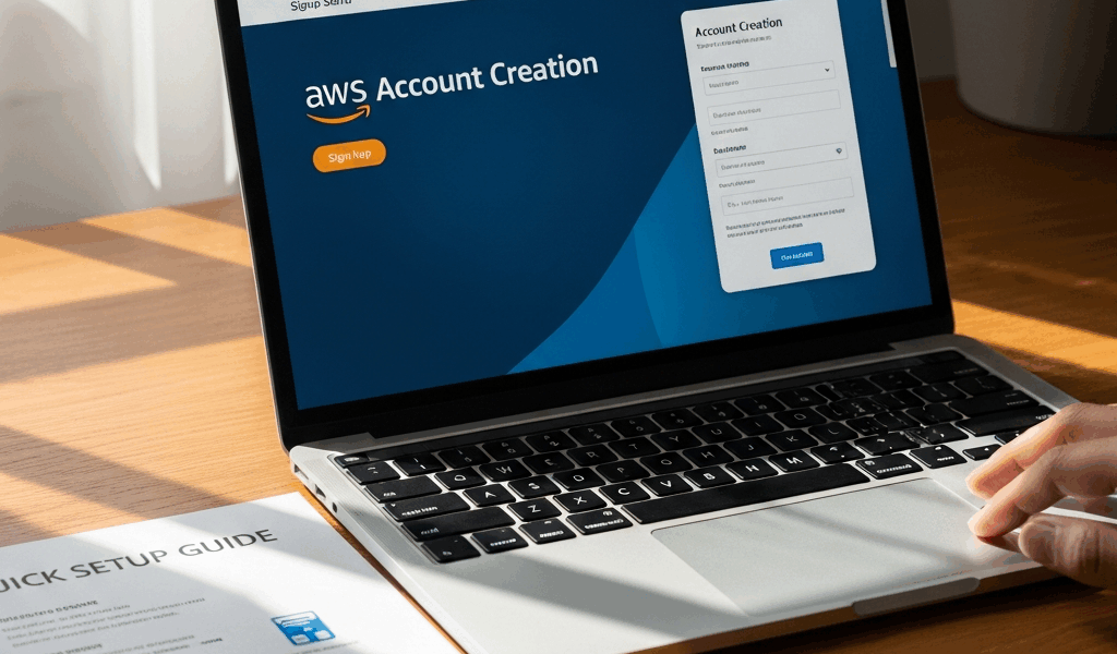 AWS account creation signup page on laptop with quick setup guide