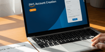 AWS account creation signup page on laptop with quick setup guide