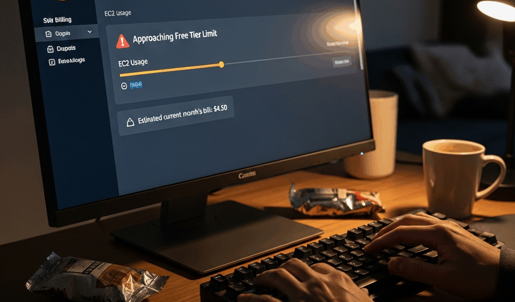 AWS billing dashboard showing free tier usage limits and alerts
