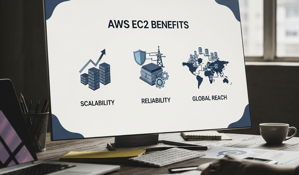 AWS EC2 benefits infographic with scalability reliability and global reach