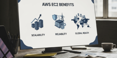 AWS EC2 benefits infographic with scalability reliability and global reach