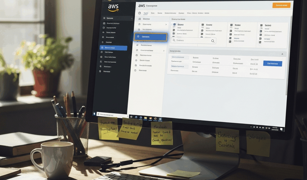 AWS management console dashboard with highlighted navigation elements