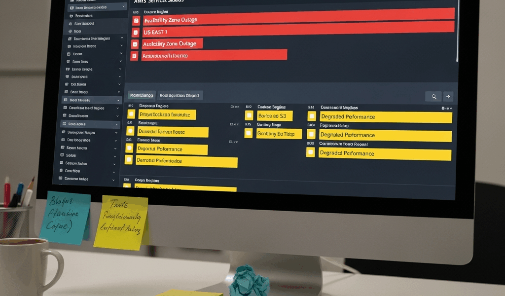 AWS service health dashboard during outage with status indicators