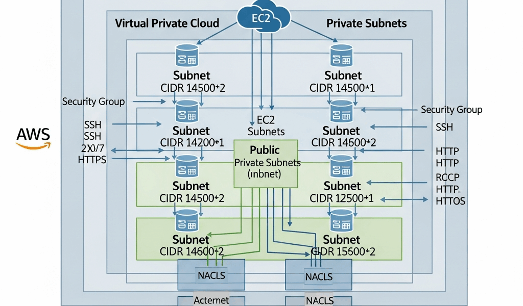 AWS VPC network architecture diagram with subnets and security group rules