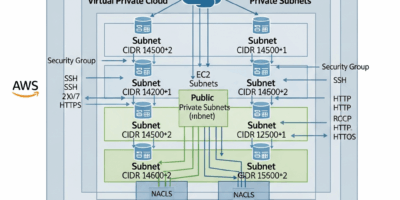 AWS VPC network architecture diagram with subnets and security group rules