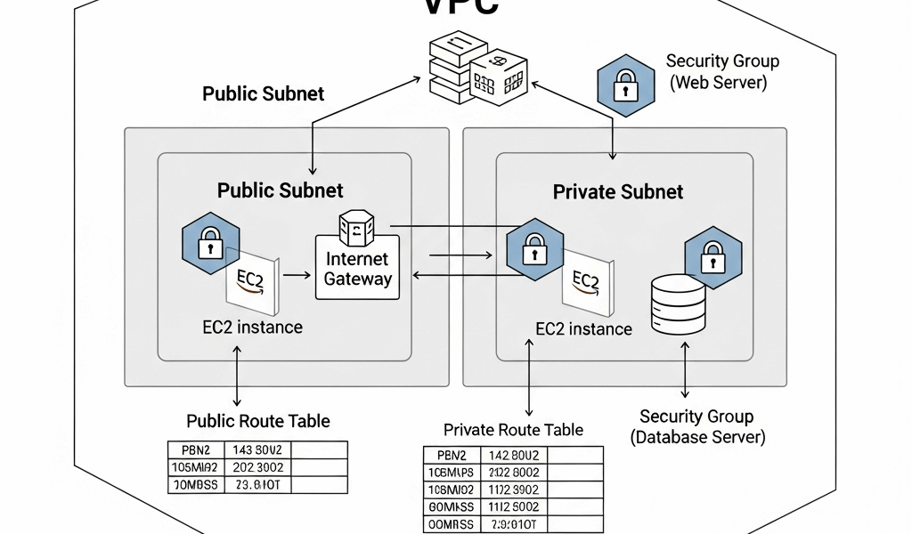 AWS VPC network diagram with subnets, route tables, and security groups
