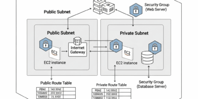 AWS VPC network diagram with subnets, route tables, and security groups