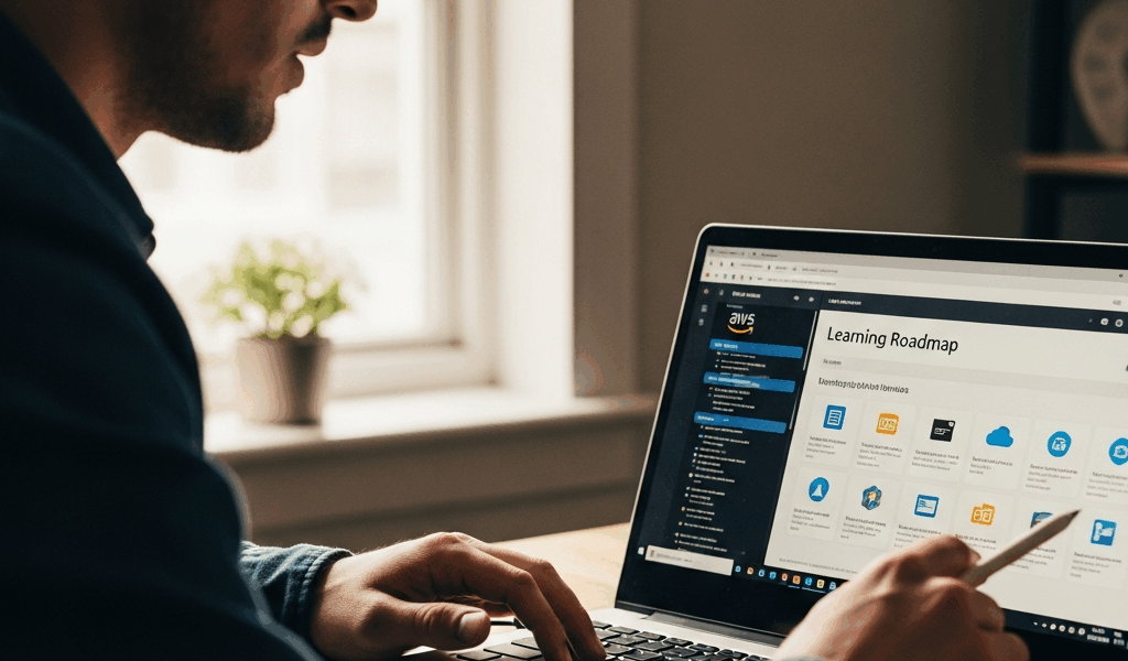 beginner developer at laptop with AWS console open, learning roadmap on screen