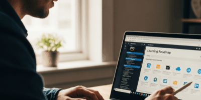 beginner developer at laptop with AWS console open, learning roadmap on screen