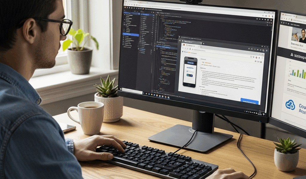 beginner developer workspace with IDE, mobile emulator, and coding tutorials