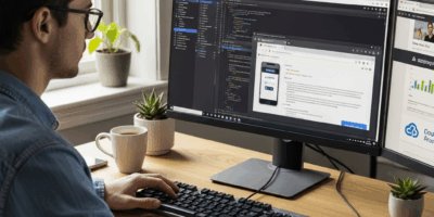 beginner developer workspace with IDE, mobile emulator, and coding tutorials