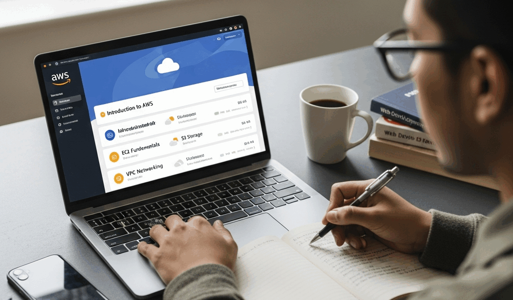beginner studying AWS cloud concepts with structured learning path on screen