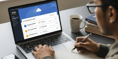beginner studying AWS cloud concepts with structured learning path on screen