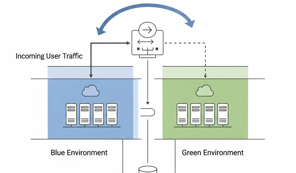 blue-green deployment diagram showing traffic switching between environments