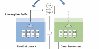 blue-green deployment diagram showing traffic switching between environments