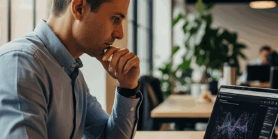 business professional exploring generative AI tools on laptop