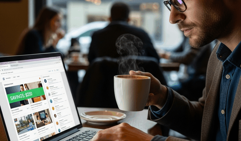 business traveler booking affordable trip on laptop with savings highlighted