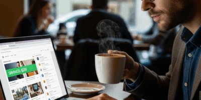 business traveler booking affordable trip on laptop with savings highlighted