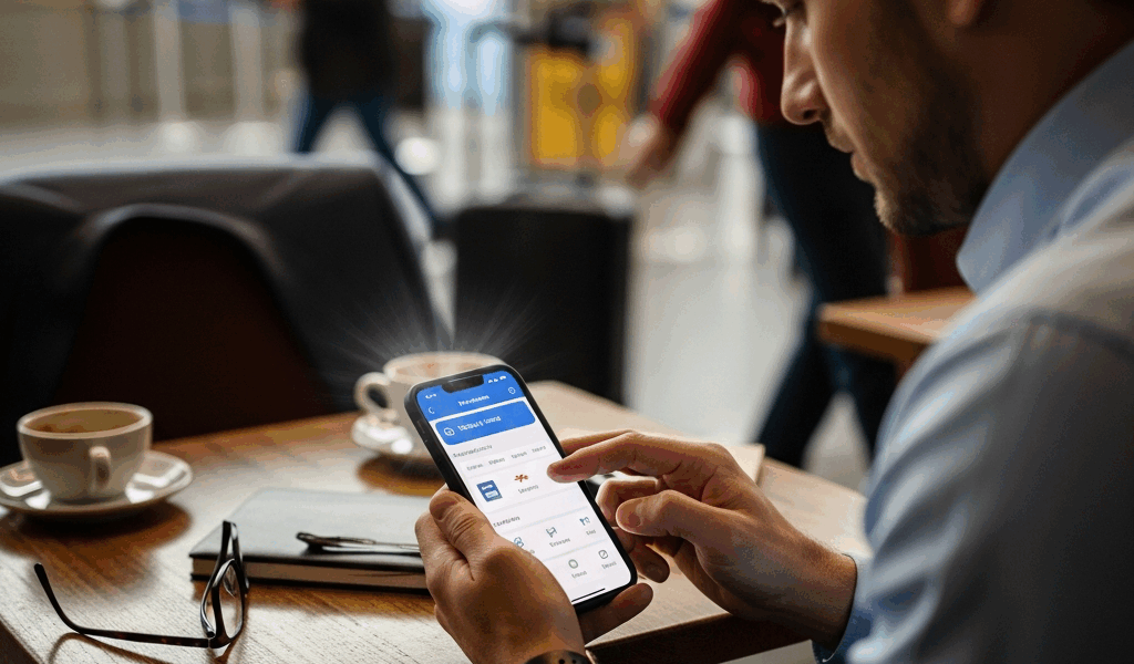 business traveler using mobile booking tool with flight and hotel options
