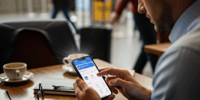 business traveler using mobile booking tool with flight and hotel options