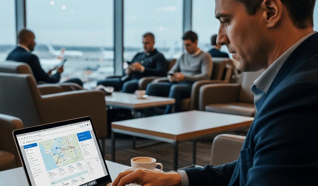 business traveler using travel booking platform on laptop in airport lounge