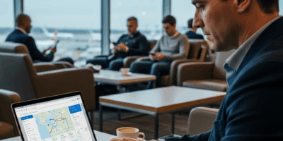 business traveler using travel booking platform on laptop in airport lounge