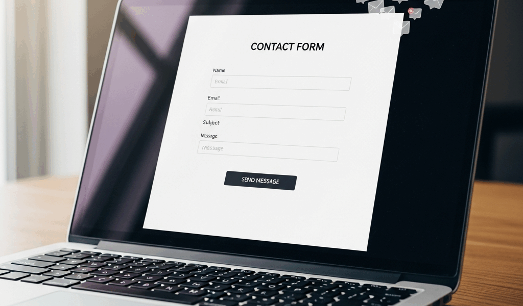 clean modern website contact form on laptop with email notification icons