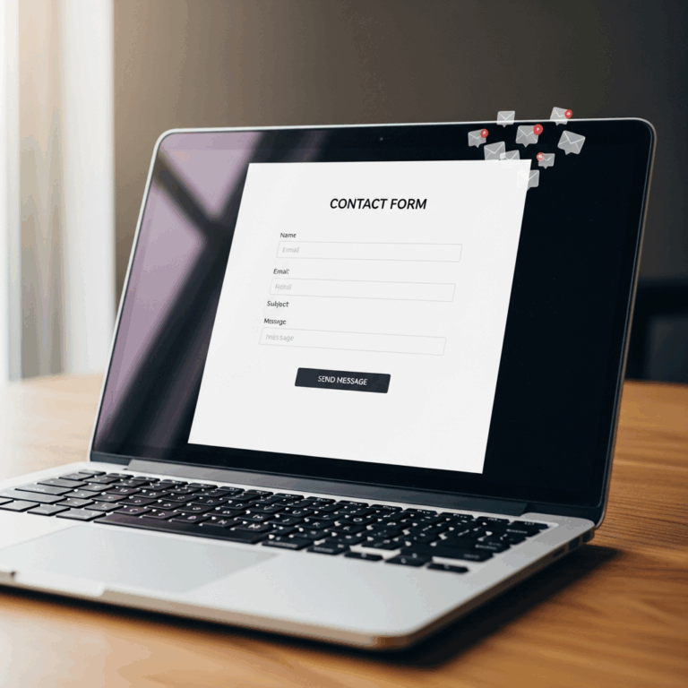 clean modern website contact form on laptop with email notification icons