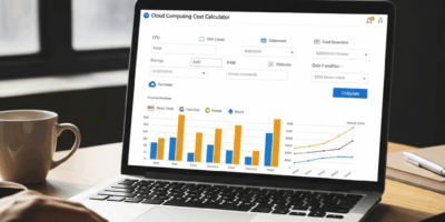 cloud computing cost calculator on screen with pricing comparison charts