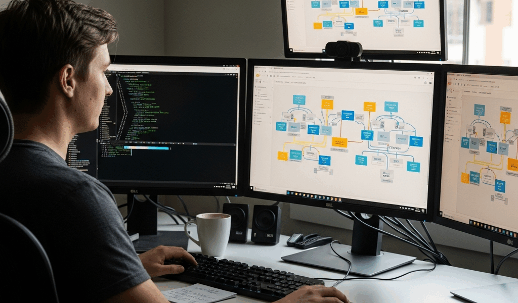 cloud engineer working at multiple screens with AWS architecture diagrams