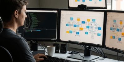 cloud engineer working at multiple screens with AWS architecture diagrams