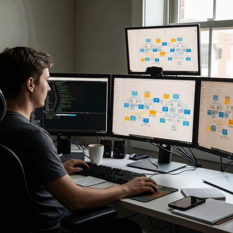 cloud engineer working at multiple screens with AWS architecture diagrams