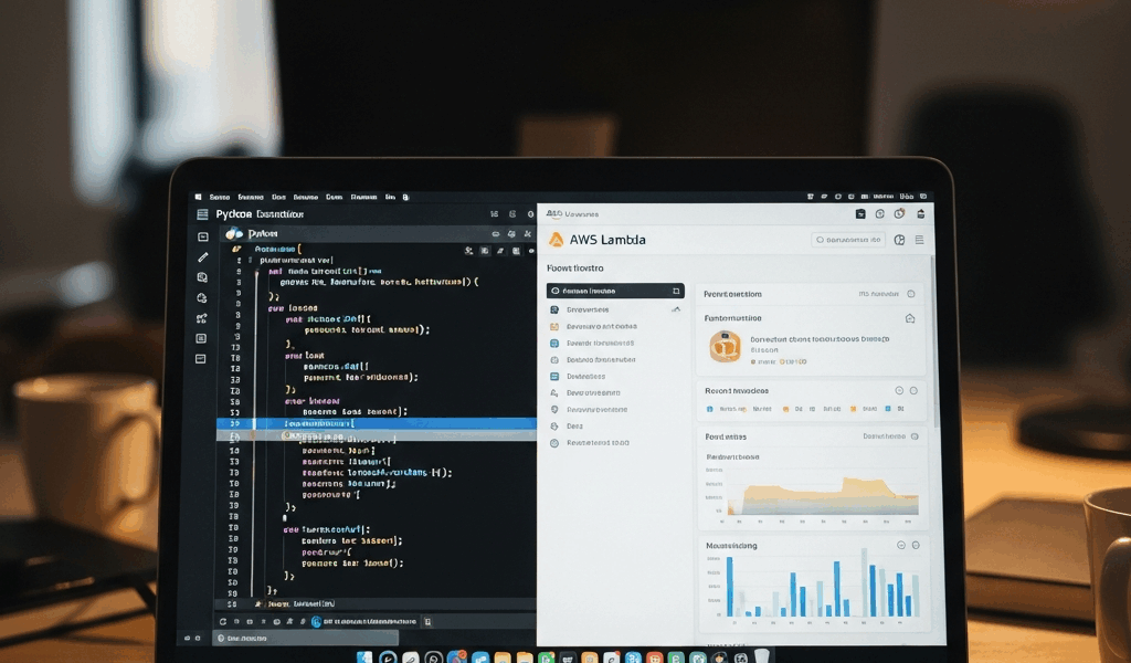 code editor showing Python Lambda function with AWS Lambda console