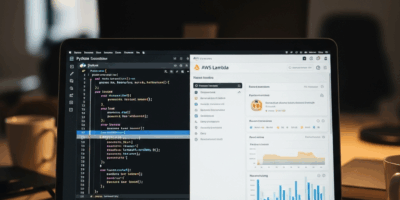code editor showing Python Lambda function with AWS Lambda console