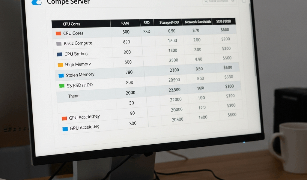 comparison chart of different cloud server configurations on technical display