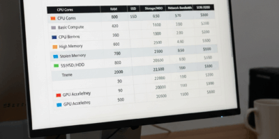 comparison chart of different cloud server configurations on technical display