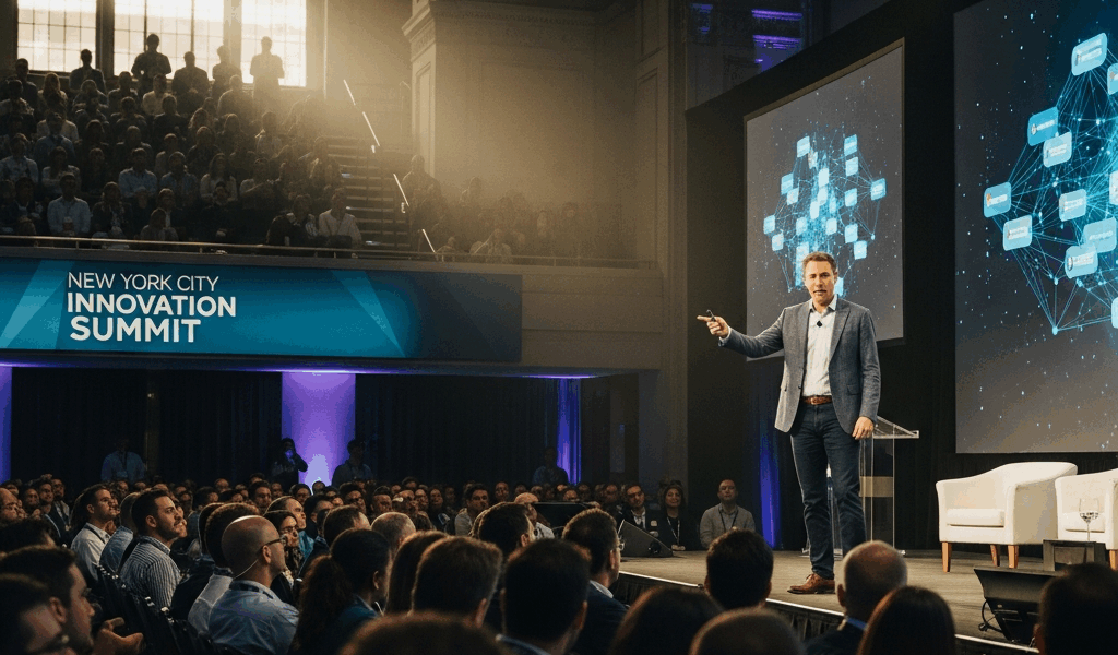 conference speaker presenting cloud innovations to large audience in NYC