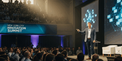 conference speaker presenting cloud innovations to large audience in NYC