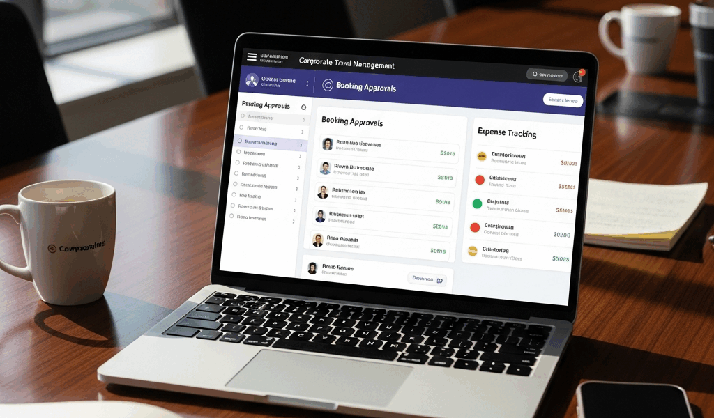 corporate travel management dashboard with booking approvals and expense tracking