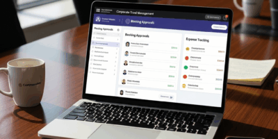 corporate travel management dashboard with booking approvals and expense tracking