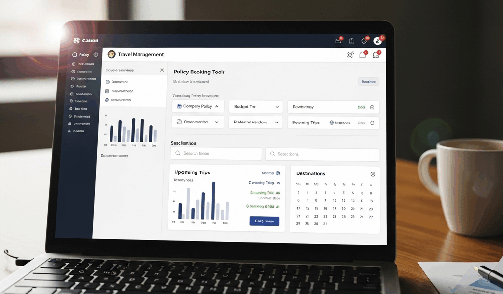 corporate travel management platform dashboard with policy and booking tools