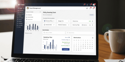 corporate travel management platform dashboard with policy and booking tools