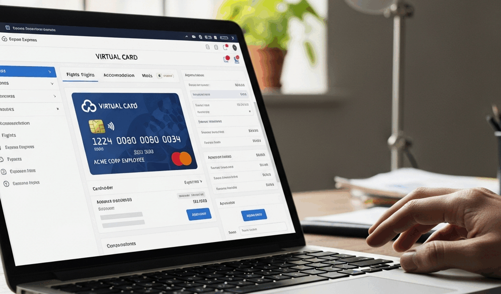 corporate virtual card on laptop screen with travel expense management