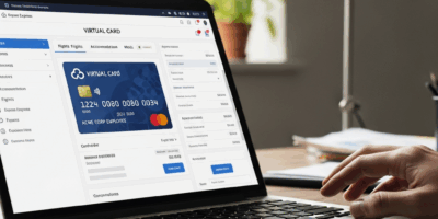 corporate virtual card on laptop screen with travel expense management